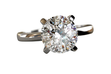 A sparkling diamond engagement ring on a white gold band. The ring is isolated on a black background.