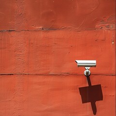 A vibrant red wall with a security camera and its shadow, representing a minimalistic urban concept.
