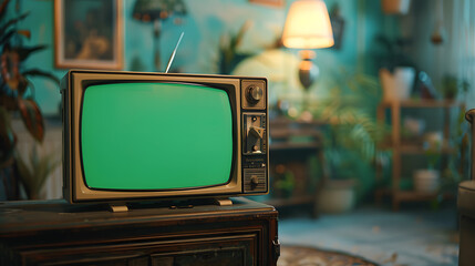 retro box TV with green screen mock-up on the table. Vintage television set with chroma key template. Empty mockup, blank space. Old-fashioned TV on a wooden table in a horizontal position. 