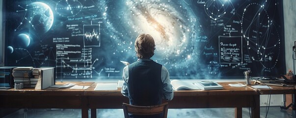 A physicist writing quantum physics operations and formulas on a blackboard - Powered by Adobe