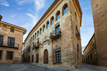 Palace of Nuñez Cortes in Chinchila de Montearagon in Albacete, Castilla la Mancha, Spain, plateresque style seen from the church square