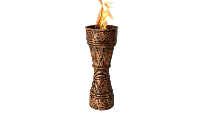 A tall, wooden, carved torch with a flame burning brightly at the top. The torch has a decorative pattern.