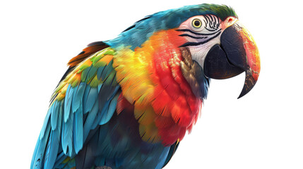 Fototapeta premium A vibrant blue, green, red, and yellow macaw with a black head and yellow beak. The bird is looking to the right.