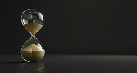 3d render of hourglass with sand flowing isolated on dark background, copy space concept for time and period concept