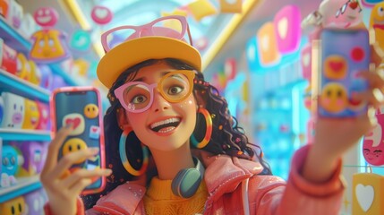 A young woman is holding a phone in her hand and smiling. She is wearing a yellow hat, pink shirt, and glasses. She is in a colorful and bright place.