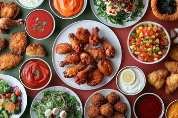 A table full of delicious food, including chicken wings, salads, and vegetables.