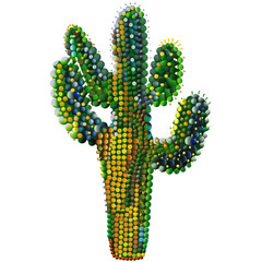 A vibrant, stylized cactus with multiple arms and a textured, colorful pattern.