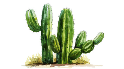 A vibrant green cactus plant with multiple stems and prickly spines, isolated on a white background.