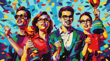 People celebrating their success with confetti falling from above.