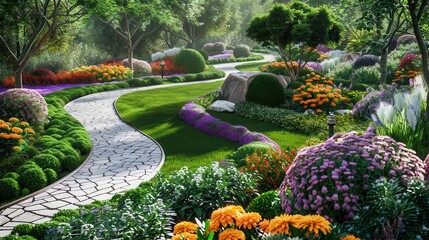 lush green garden with vibrant flowers and winding paths ai generated landscape