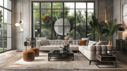 luxurious art deco living room interior with modern furniture and decor 3d rendering