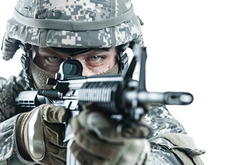 American Soldier with Camouflage Helmet and Rifle Isolated on white background