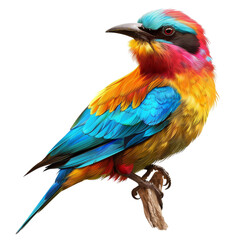 Fototapeta premium A vibrant, colorful bird with blue, yellow, red, and orange plumage perches on a branch.