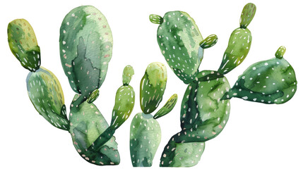 A vibrant watercolor painting of a prickly pear cactus with green pads and a few budding flowers.