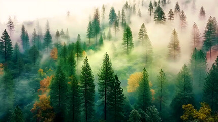 Misty landscape with fir forest in vintage style. There are mountain peaks in the distance