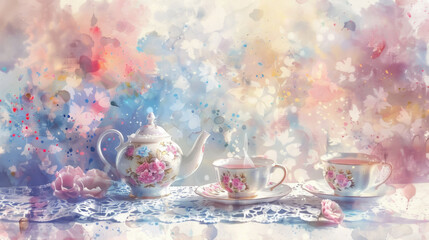 Fototapeta premium Elegant Tea Party Setting, Delicate Porcelain Cups, Floral Tablecloth