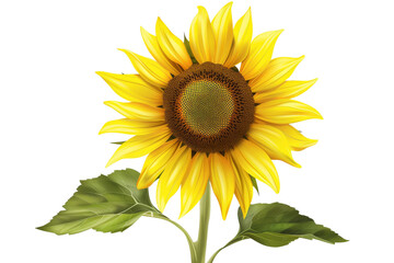 Fototapeta premium A vibrant yellow sunflower with green leaves, isolated on a black background.
