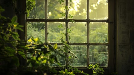 A window with a spider web on it and green leaves outside. Environmental concept