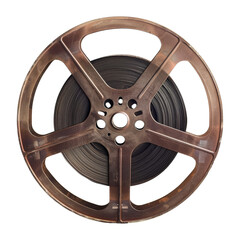 Obraz premium A vintage film reel with a worn metal casing and a black film strip.
