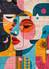 Naklejka premium a painting of a woman's face surrounded by abstract shapes