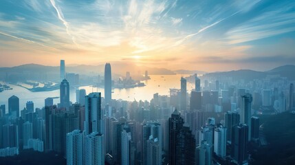 Fototapeta premium majestic cityscape at dawn wideangle view of metropolis skyline golden hour glow