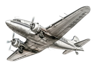 A vintage silver propeller plane in flight, viewed from below, isolated against a black background.
