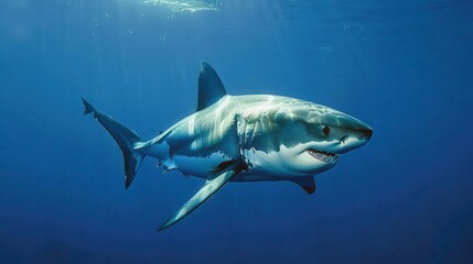 Obraz premium menacing great white shark swimming in deep blue ocean waters underwater photograph