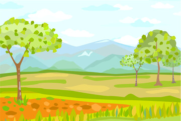 cloudy mountain landscape with green field, trees and grass. col