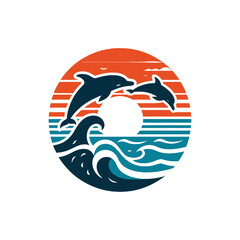 Colorful Sunset Over Ocean Waves with Cute Jumping Dolphins in Circular Design Logotype