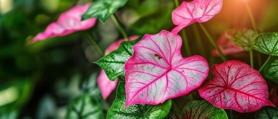 AI generator images Caladium bicolor is a species of plant in the Bon genus from Latin America. It is often grown as an ornamental tree. This is due to the large, heart-shaped or lance-shaped leaves 