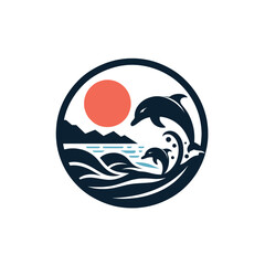Colorful Sunset Over Ocean Waves with Cute Jumping Dolphins in Circular Design Logotype