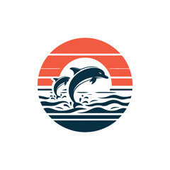 Obraz premium Colorful Sunset Over Ocean Waves with Cute Jumping Dolphins in Circular Design Logotype