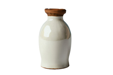 A white ceramic bottle with a brown wooden lid, isolated on a black background.