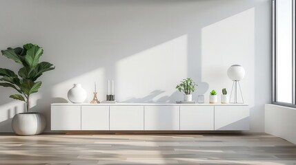 minimalist white sideboard in modern living room interior home design