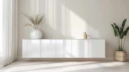 minimalist white sideboard in modern living room interior home design