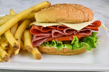 pepperoni and salami  top with cheese on sesame bun