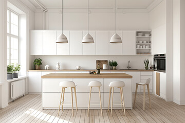 modern kitchen with White furniture with utensils, shelves with crockery and plants in pots, refrigerator in simple minimal dining room, empty space