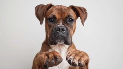 Obraz premium Adorable boxer posing in front of the camera against a white backdrop