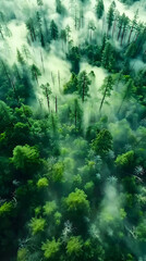 Obraz premium Misty landscape with fir forest in vintage style. There are mountain peaks in the distance