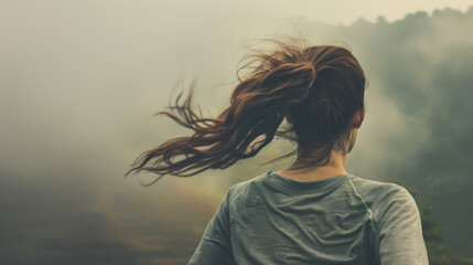 Woman Running Away, Closeup Realistic Shot, Fearful Expression, Rear View