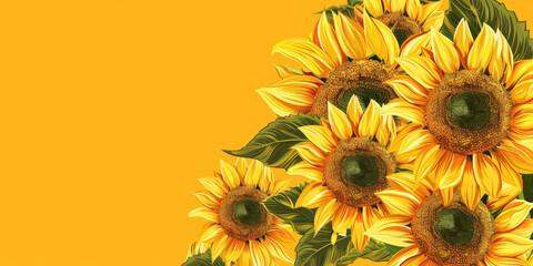 Fototapeta premium A vibrant cluster of sunflowers with green leaves against a solid yellow background, radiating a cheerful and sunny atmosphere.