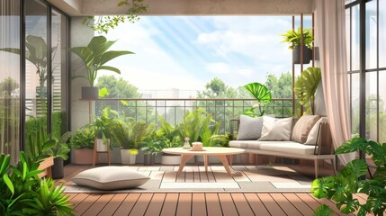 Fototapeta premium modern terrace with wooden deck flooring green potted plants and cozy outdoor furniture city balcony design concept illustrations