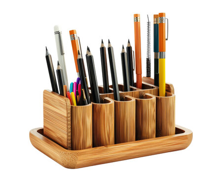 A wooden desk organizer with multiple compartments filled with pens, pencils, and markers.