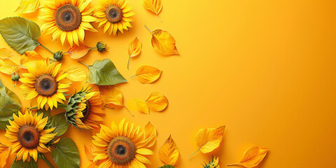 Vibrant sunflowers and scattered leaves on a bright yellow background create a cheerful and warm autumn scene.