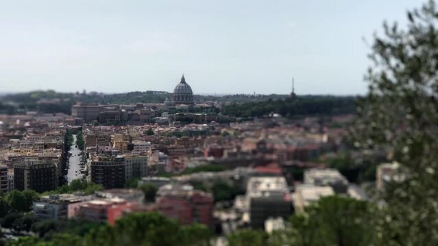 Panoramic view of Rome, seen from the Zodiaco Terrace. Miniature effect, panorama.