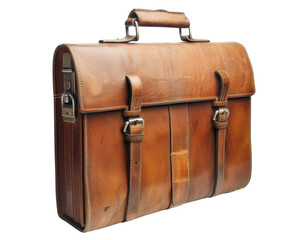 A worn brown leather briefcase with metal clasps and a top handle.
