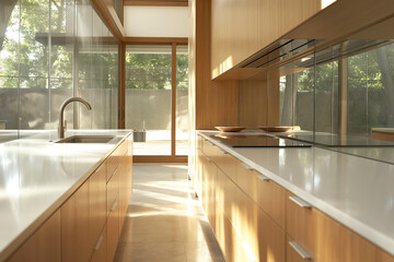 Fototapeta premium Modern kitchen with wooden cabinets and large windows natural light minimalist design sleek countertops contemporary home interior spacious bright clean stylish architecture