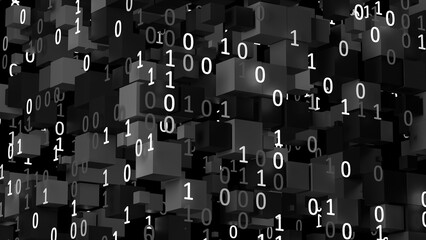 sci-fi minimalist technology binary numbers with cubes software 3d illustration. Can be used to represent internet of things, programming algorithm, ransomware security or blockchai of big data