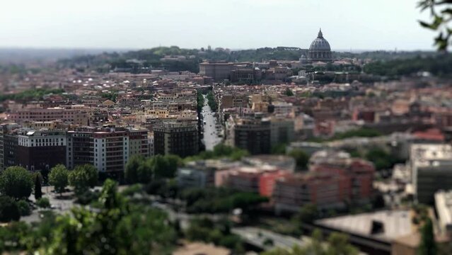 Panoramic view of Rome, seen from the Zodiaco Terrace. Miniature effect, panorama.