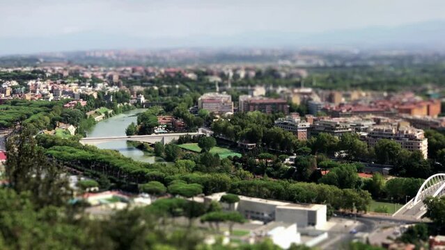 Panoramic view of Rome, seen from the Zodiaco Terrace. Miniature effect, panorama.